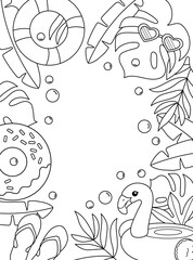 Summer, palm trees, flamingos, inflatable swimming rings. Background, coloring page, black and white vector illustration.