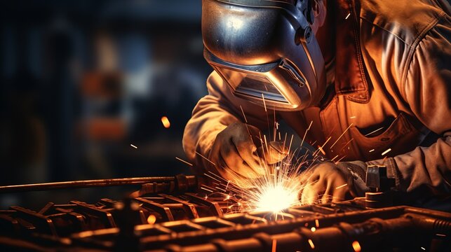 Experienced and highly skilled worker engaged in the process of arc welding with an arc welder