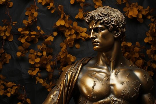 A beautiful ancient gold greek, roman stoic male statue, sculpture on a golden backdrop. Great for philosophy quotes.