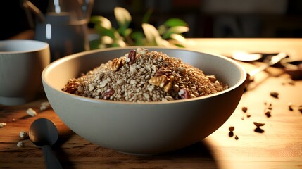 Bowl with tasty oatmeal and nuts on wooden table, closeup