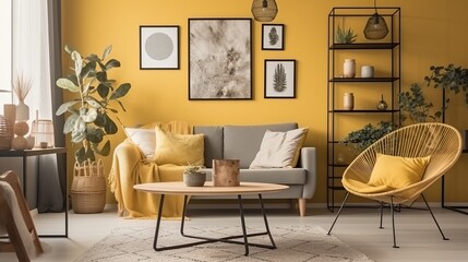 373. Warm and cozy living room interior with mock up poster frame, beige sofa, stylish armchair, yellow wall, plants with flowerpots, gray coffee table and personal accessories. Home decor. Template. 