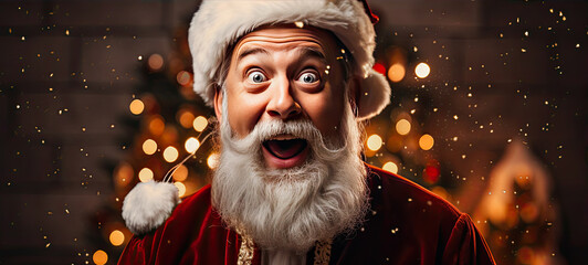 Photo of happy man wearing santa hat and glasses making surprised shocked face on festive glittering defocused bokeh background