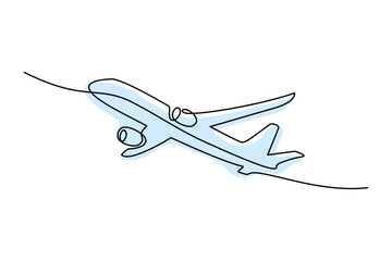 Fototapeta na wymiar One line drawing art passenger airplane travel concept. Fast flying to the left plain cargo trip white sky business hand drawn sketch. Aviation transport tourism vector illustration.