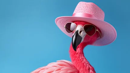 Foto op Plexiglas Stylish pink flamingo wearing hat and sunglasses on defocused background with copy space © Ilja