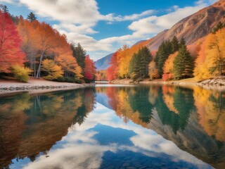 Fototapeta premium peaceful fall lake with vibrant foliage reflecting serene autumn landscape, tranquil nature scene colorful leaves reflected in the water 
