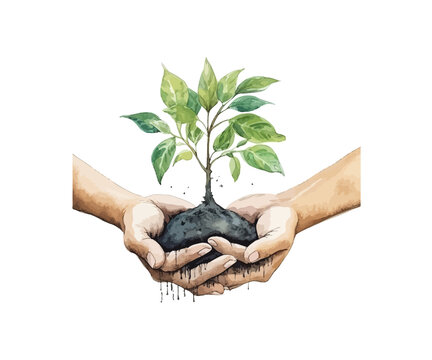 Watercolor Environment Day. Hands holding small tree. Vector illustration design.