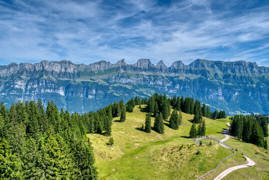 Alpine landscape with the Churfirsten mountain range. Canton St. Gallen, Switzerland