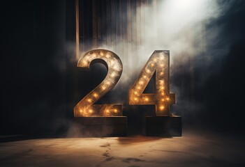 Illuminated number 24 with golden lights and hazy ambiance is perfect to represent 24 hour service - obrazy, fototapety, plakaty