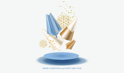 Set of Merry Christmas and New Year elements for decoration on podium. Holiday plastic trees and snowflakes . Xmas blue empty stage for sale product place with confetti.
