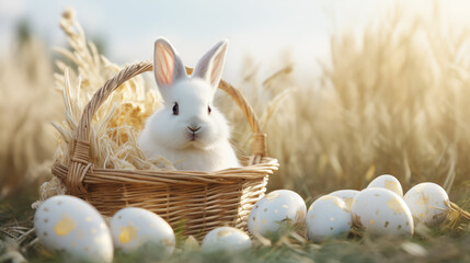 Easter festival background design. Cute rabbit in a basket with white easter eggs with golden pattern on grass and field background. Outdoor ambience. - obrazy, fototapety, plakaty