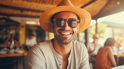 Man taking travel selfie with hat and sunglasses on blurred background, ideal for text placement