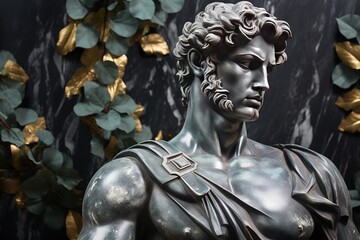 Obraz premium A beautiful ancient silver stone greek, roman stoic male statue, sculpture on a silver stone backdrop. Great for philosophy quotes.