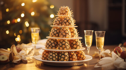 Obraz premium several golden pineapples stand on plates on the table, in the form of a pyramid