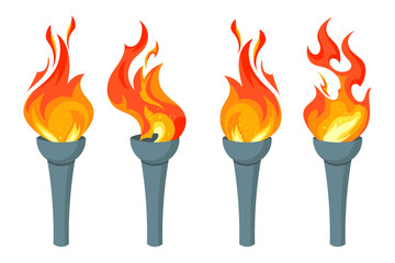 Torch set. Burning torches flames, icon collection. Symbols of relay race, competition victory, champion or winner. Vector