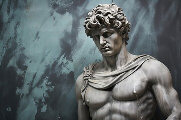 Obraz premium A beautiful ancient silver stone greek, roman stoic male statue, sculpture on a silver stone backdrop. Great for philosophy quotes.