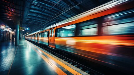 Fototapeta na wymiar High speed modern subway train in motion on urban city tracks during rush hour traffic