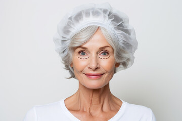 Grey hair woman 60 yers old portrait with disposable cap on white background. Plastic surgery. Beuty concept