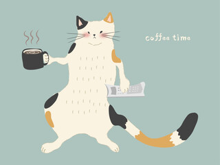 コーヒーブレイク中の三毛猫 - obrazy, fototapety, plakaty