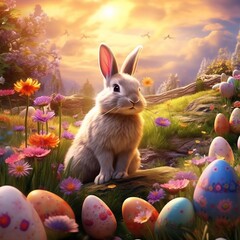 Coniglio di pasqua con uova dipinte, allegria, serenità, festa.