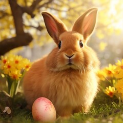 Fototapeta premium Coniglio di pasqua con uova dipinte, allegria, serenità, festa.