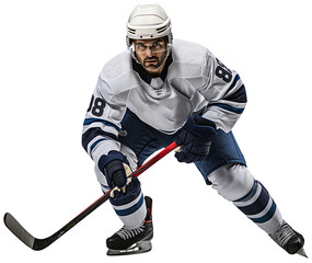 A hockey player in a blue and white uniform and a white helmet is skating with a stick in his hands. Isolated on a transparent background - Powered by Adobe
