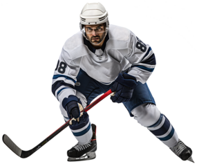 A hockey player in a blue and white uniform and a white helmet is skating with a stick in his hands. Isolated on a transparent background
