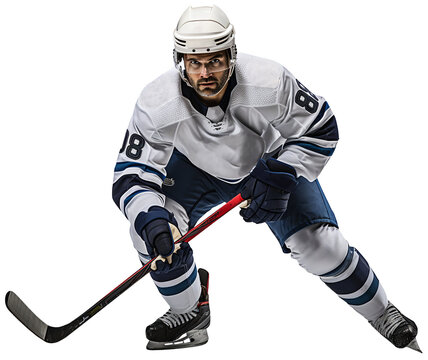 A hockey player in a blue and white uniform and a white helmet is skating with a stick in his hands. Isolated on a transparent background