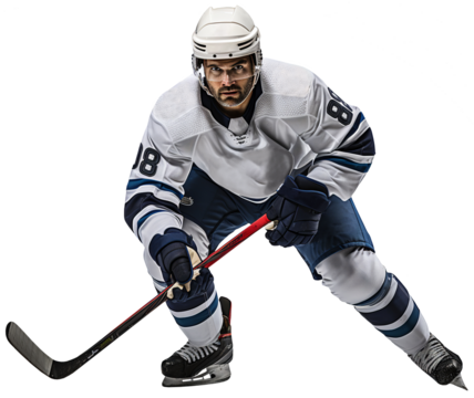 A hockey player in a blue and white uniform and a white helmet is skating with a stick in his hands. Isolated on a transparent background