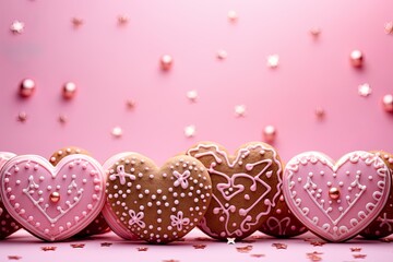 Heart shaped cookies, pink icing on love pastry baked and hand-decorated with love. Showing...