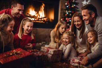 Obraz na płótnie Canvas Famiglia felice scarta i regali di Natale in un atmosfera accogliente e serena, i bambini sono felici e i genitori orgogliosi.