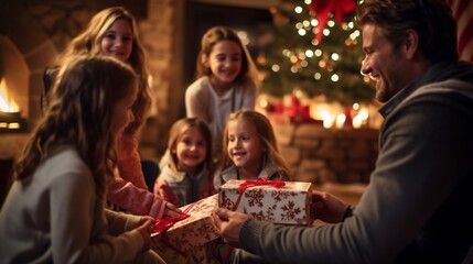 Fototapeta premium Famiglia felice scarta i regali di Natale in un atmosfera accogliente e serena, i bambini sono felici e i genitori orgogliosi.