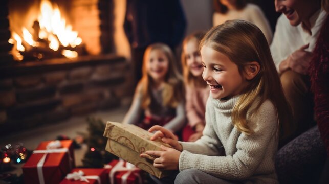 Famiglia felice scarta i regali di Natale in un atmosfera accogliente e serena, i bambini sono felici e i genitori orgogliosi.