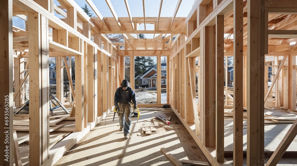 Poster phased installation of wooden house frame with workers installing racks and partitions