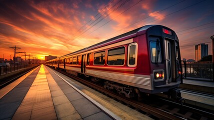 Obraz premium Modern subway train in motion urban transportation during rush hour traffic in the city