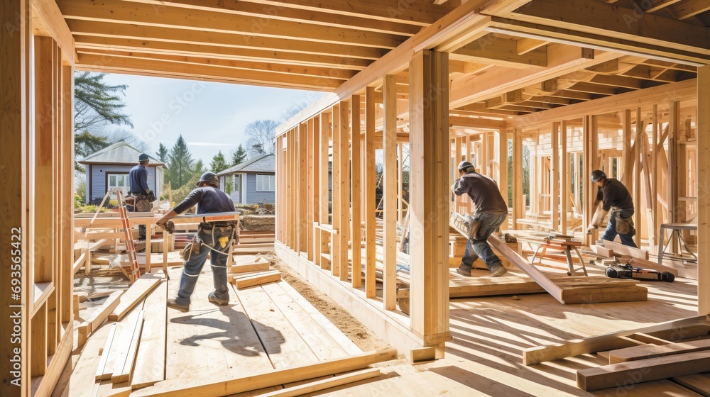 Poster phased installation of wooden frame workers installing racks and partitions in private house