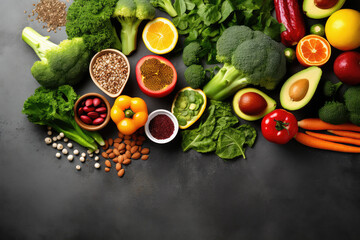 Top-shot image featuring a variety of fresh fruits, vegetables, seeds, and superfoods on a sleek gray background. The essence of a balanced and mindful diet, promoting health and well-being.