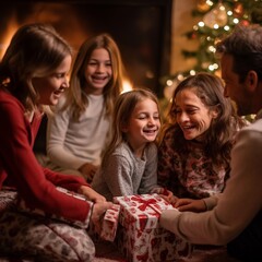 Obraz na płótnie Canvas Famiglia felice scarta i regali di Natale in un atmosfera accogliente e serena, i bambini sono felici e i genitori orgogliosi.