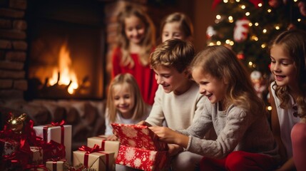 Fototapeta na wymiar Famiglia felice scarta i regali di Natale in un atmosfera accogliente e serena, i bambini sono felici e i genitori orgogliosi.