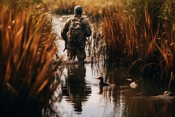 Capture the essence of an exhilarating moment as a skilled duck hunter takes aim and skillfully shoots down a flying duck in mid-air. Positioned in a field surrounded by tall grasses