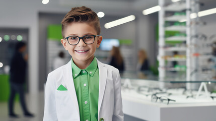 Smiling happy boy in white suit wearing glasses stands in an optical store near showcase with glasses. Vision correction, glasses store visually impaired children. - obrazy, fototapety, plakaty