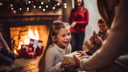 Obraz na płótnie Canvas Bambini ricevono regali di Natale, allegria a casa, felicità, vigilia