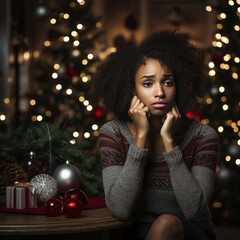 Sad afro American woman on Christmas day
