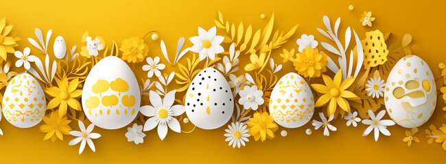 3d abstract paper cut illustration of colorful chicken, grass, flowers and yellow egg shape. Happy easter greeting card template. - Powered by Adobe
