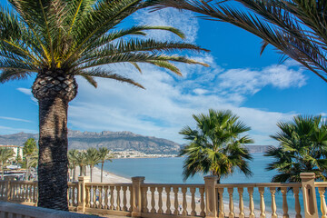 View over the L'Albir Beach and Altea Beach with Bernia Mountains at the back from the walk path in Serra Gelada Nature Park in Alfaz del Pi on Costa Blanca