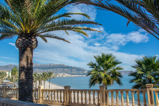 View over the L'Albir Beach and Altea Beach with Bernia Mountains at the back from the walk path in Serra Gelada Nature Park in Alfaz del Pi on Costa Blanca