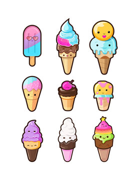 Ice cream Kawaii Stickers. Printable Transparent vector illustration