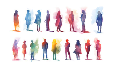 Fototapeta premium Watercolor multicolored silhouettes of people on a white background 