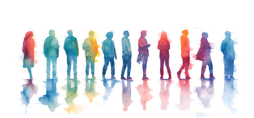 Watercolor multicolored silhouettes of people on a white background 