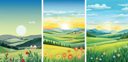 Fotobehang watercolor wide banner of farm landscape set, green hill, tree and mountain, Vector illustration, landscape background, wallpaper, poster, spring © Arash