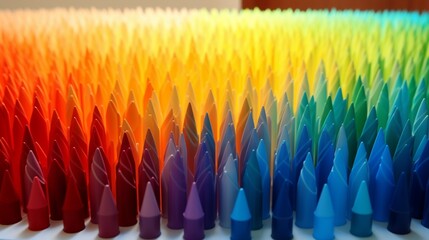 A mesmerizing display of felt-tip pens lined up in a perfect gradient, transitioning from one vibrant color to another on a clean, blank canvas.